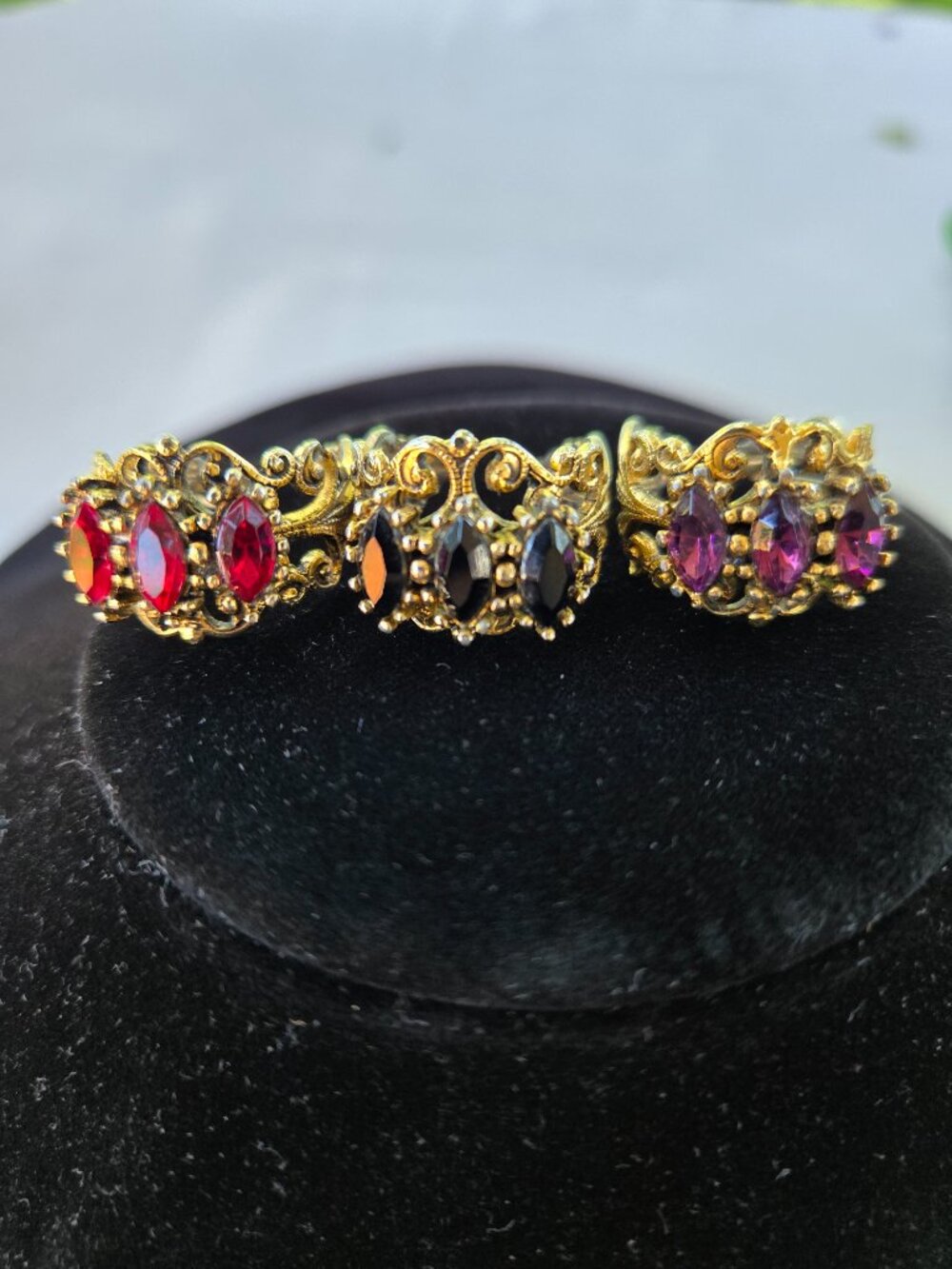 Vintage Rare Sarah Coventry Filigree Gold Tone Rings 3 Rhinestone colors
